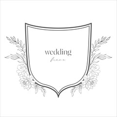 Wedding Crest with Flowers. Line Art Illustration.