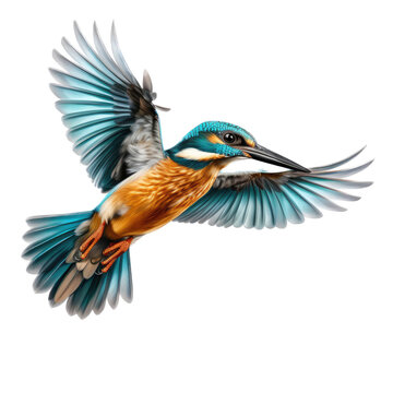 a common Kingfisher in flight, side view, facing right in a Nature-themed, photorealistic illustration in a PNG, cutout, and isolated. generative ai