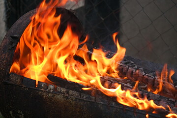 burning wood and paper. firewood is burning. tongues of flame. orange flame. bonfire. wood-fired cooking. firewood is burning for cooking barbecue © Taras