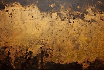 Black and gold texture of decayed, teared, weathered  stone, wall. Rococo elements on decayed, grunge, textured wallpaper.