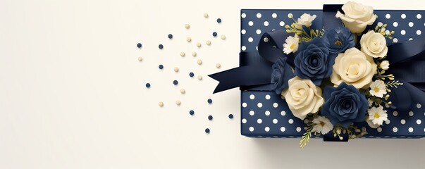 Gift box with blue bow and white and blue roses  on white background. with copyspace.