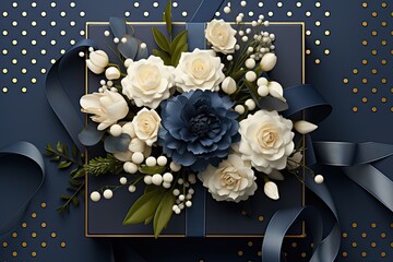 top view of a Gift box with blue navy  bow and white and blue roses  on blue navy  background. 