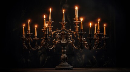 Antique candelabra with flickering candles - obrazy, fototapety, plakaty
