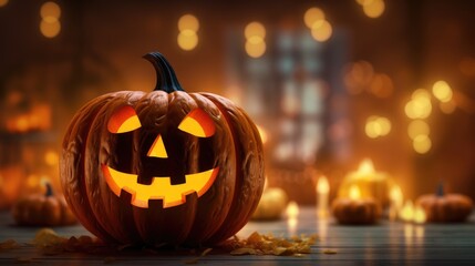 Carved pumpkin with a glowing face isolated on a dark bokeh background