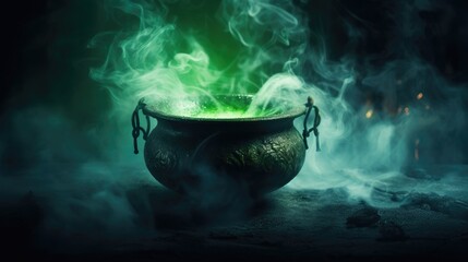 Cauldron with green glowing potion isolated on a dark foggy background - obrazy, fototapety, plakaty