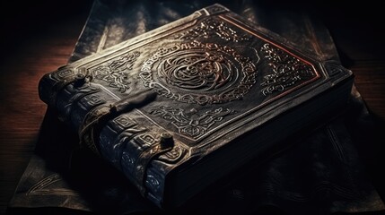 Old leather-bound book with mysterious symbols isolated on a dark background
