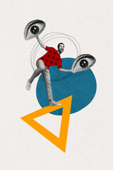 Vertical photo collage illustration of funky young guy holding two eyeballs privacy spying cyber...