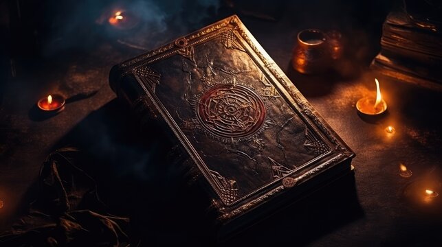Old leather-bound book with mysterious symbols isolated on a dark background