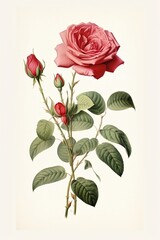 Simple clean botanical illustration of a red rose blossom and rose buds attached to single-stem on a tan background.