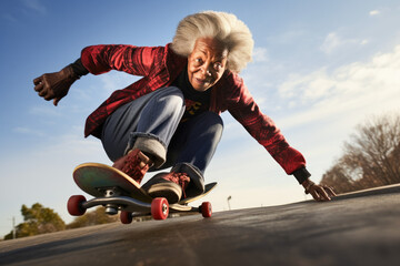 Happy afro american 70 years old riding on a skateboard. Having some fun with her skateboard. 