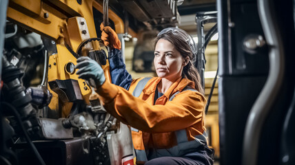 Confident woman engineer in uniform helmet inspection check control heavy machine robot arm construction installation in industrial factory.

