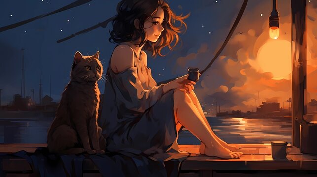 Anime sexy girl and cat illustration.Phone Wallpaper.Character Design Concept Art Book Illustration Video Game Digital Painting. CG Artwork Background. Generative AI
