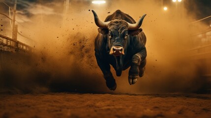 Angry bull in the field running towards us - obrazy, fototapety, plakaty