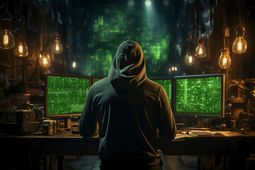 A hacker in a hoodie sits at a computer and looks at a screen with green symbols. Concept of cyber security. Protection of information data.