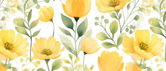 Pastel Color Blossoms Seamless Watercolor Patterns of Yellow Flowers and Green Leaves, Delicate Floral Banner