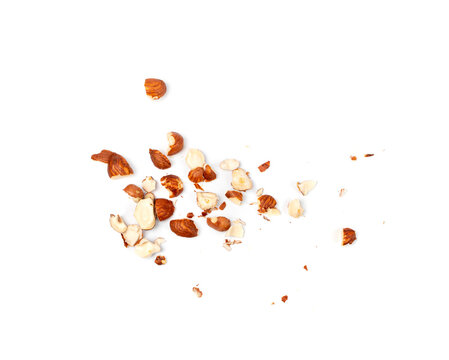 Nut Kernels Crumbs, Broken Hazelnuts Pile Isolated, Healthy Organic Crush Nuts Group, Hazel Nut Pieces