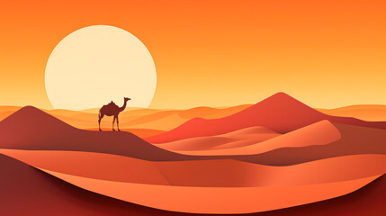 Fototapeta na wymiar Camel Walking On The Sand Dunes In The Desert At Sunset. Landscape. Illustration, Cartoon. Ai Generated 