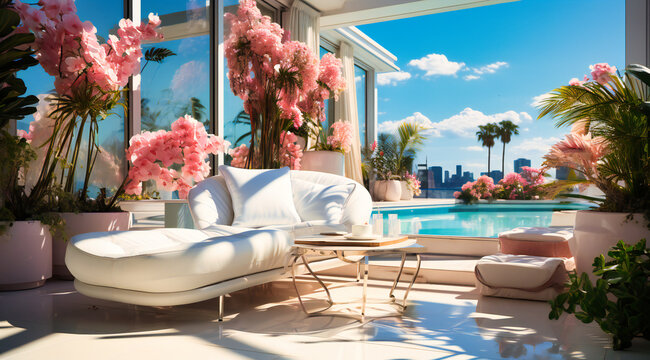 a pool deck with white furniture and plants around it