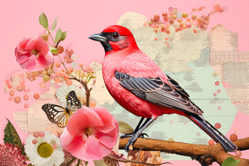 Pink Bird And Flowers. Physical Collage Art. Ai Generated
