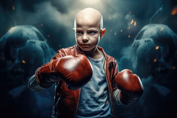 Cancer patient child after chemotherapy to fight for life against cancer disease. He fantasizes that he is wearing boxing gloves in the boxing ring. International Cancer Day - obrazy, fototapety, plakaty