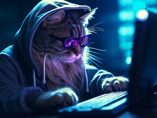 Hacker cat working with computer