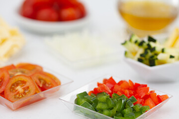 Vegetables pizza topping ingredients. Pizza preparation.