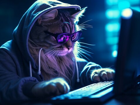 Hacker cat working with computer