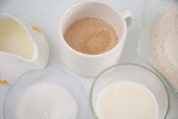 Leaven yeast. Yeast preparation for pizza dough. Home made pizza dough preparation. Pizza preparation.