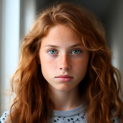 Naklejka premium Close-up portrait of a beautiful red-haired young girl on a white background. Studio shooting with soft light. A young woman with bright eyes without a smile.