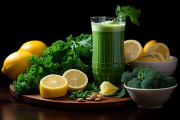 Green smoothie on a dark background. The concept of useful and healthy food. Green smoothie in a transparent glass of vegetables and fruits.
