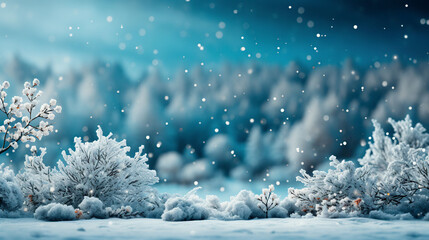 Winter background in shades of blue with snow, snowflakes, snow-covered tree branches and red berries. copy space. - obrazy, fototapety, plakaty