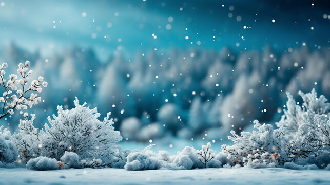 Winter background in shades of blue with snow, snowflakes, snow-covered tree branches and red berries. copy space.