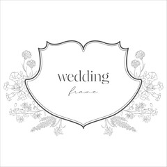 Wedding Crest with Flowers. Line Art Illustration.