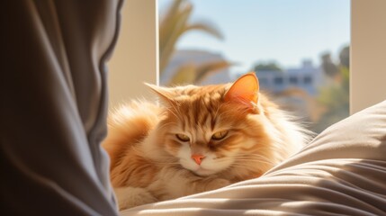 Ragdoll cat napping in sunbeam window patch. Generative AI