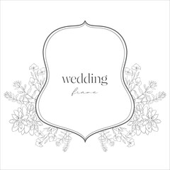 Wedding Crest with Flowers. Line Art Illustration.