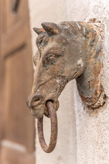 Fototapeta na wymiar Old rusty horse's head with a ring for tying horses in a backyard.