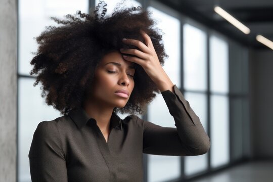 African american woman holding her hand behind her head, experiencing a migraine