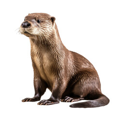 a  river otter (Lontra canadensis), sitting, 3/4 view in a Nature-themed, photorealistic illustration in a PNG, cutout, and isolated.