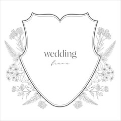 Wedding Crest with Flowers. Line Art Illustration.