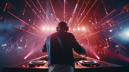 Crowded of people having fun in Colored bright lights from the stage, Dj mixing music on the stage in concert hall or nightclub, happy and dancing, misty glowing lights, fog, Generative AI