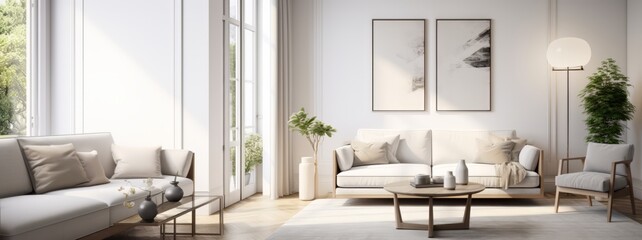 Warm and Cozy Composition of Modern Interior design, living room decoration, furniture, sofa, photo frame, plants and stylish lamp, .contemporary and luxury home and apartment Concept,  Generative AI