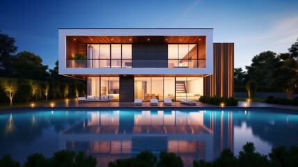 Fototapeta premium Luxury modern Pool villa House with swimming pool, Contemporary Residence, Real estate property, Travel and summer vacation, Tourist and relaxation, sunset and twilight time, Generative AI