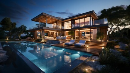 Fototapeta premium Luxury modern Pool villa House with swimming pool, Contemporary Residence, Real estate property, Travel and summer vacation, Tourist and relaxation, sunset and twilight time, Generative AI