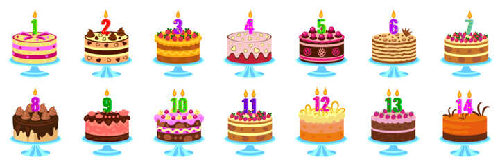 Set of birthday cakes with burning  number candles. Vector. Holiday cakes.