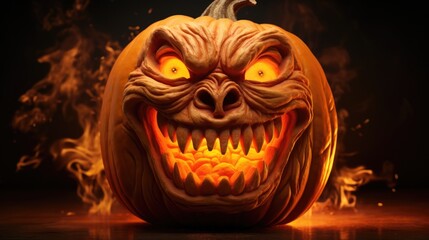 Burning Halloween Pumpkin with a terrifying grimace