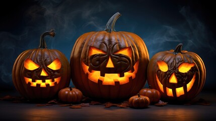 Trio of Halloween pumpkins in different sizes, all glowing from within on a dark background