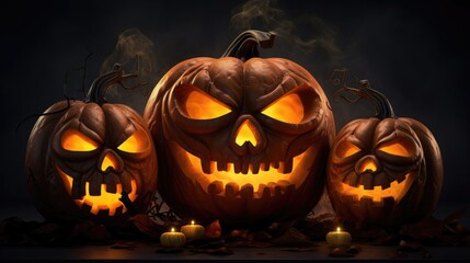 Trio of Halloween pumpkins in different sizes, all glowing from within on a dark background
