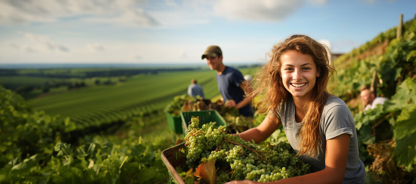 teenagers have fun harvesting grapes in the south of France, summer job