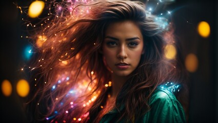 A woman with long hair standing in front of bright lights