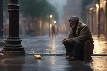 A fearful homeless grandfather in dirty clothes begging for alms on a rainy street. - obrazy, fototapety, plakaty